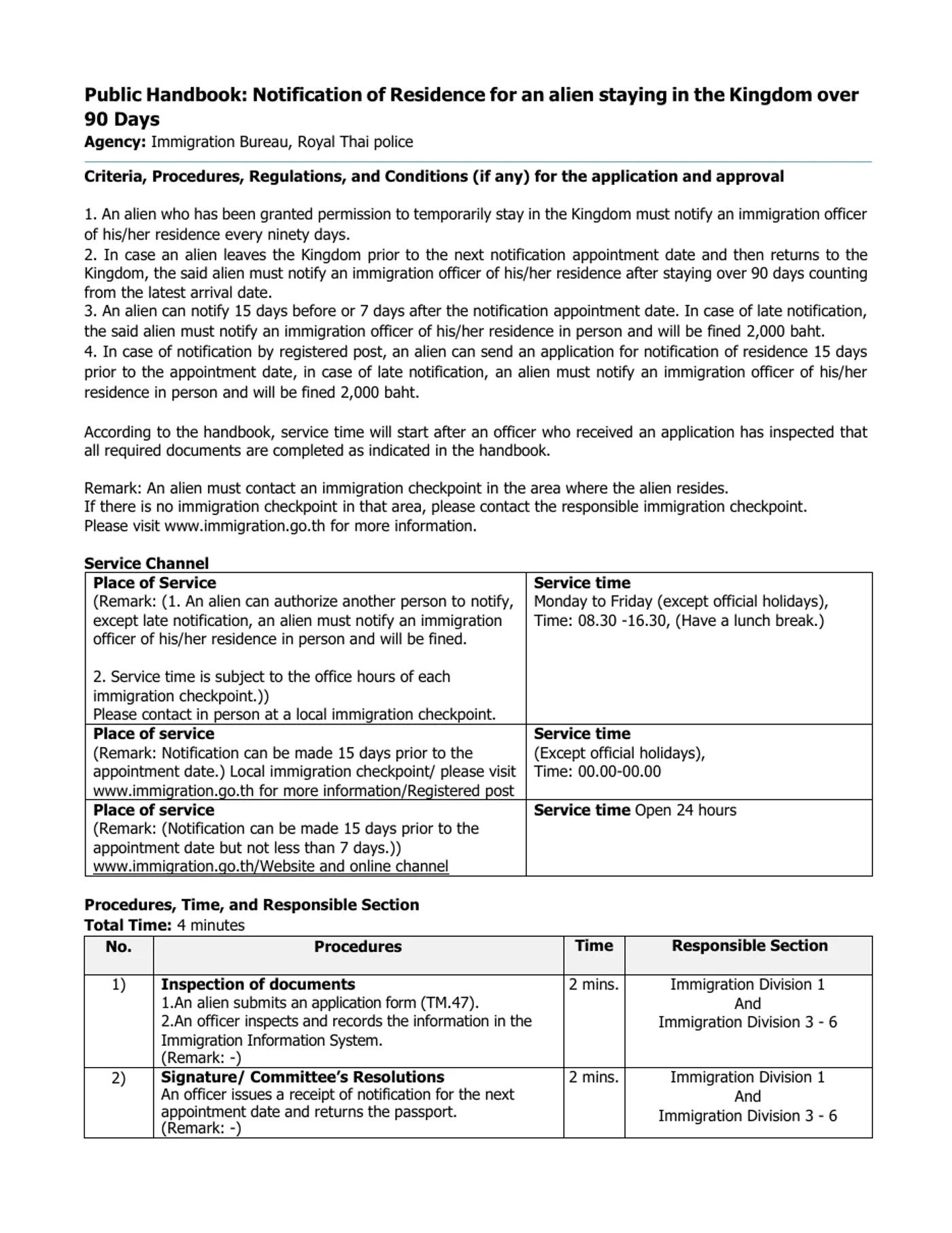 First page of the Immigration Bureau public handbook for the 90-day notification of residence, with numbered criteria and a service channel table.