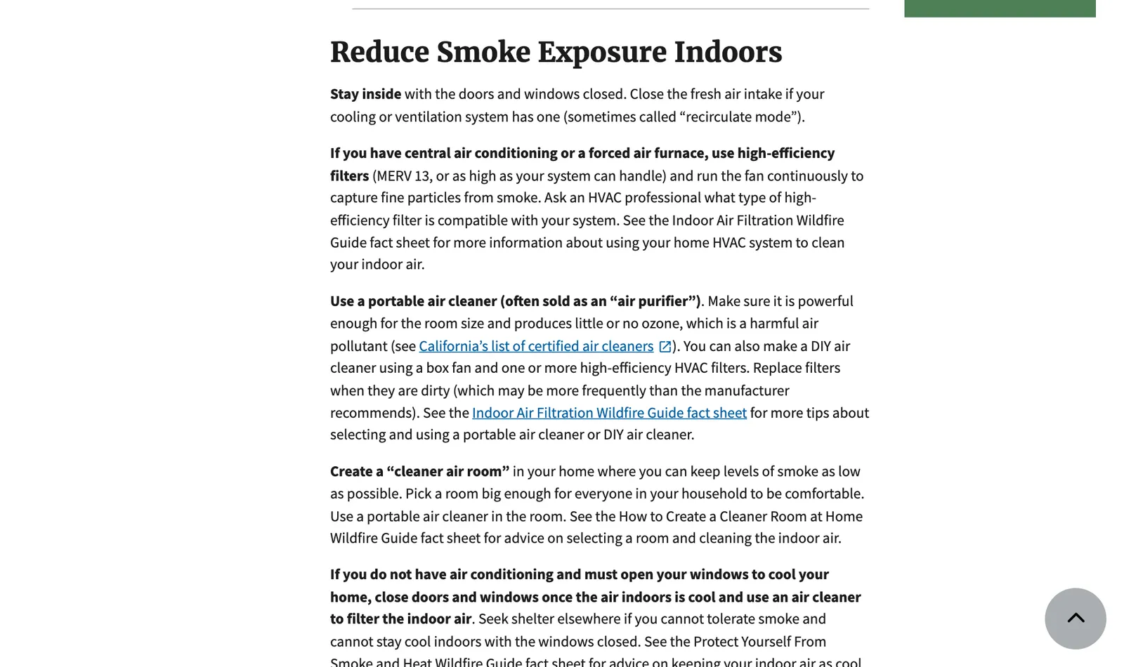 US EPA web page headed Reduce Smoke Exposure Indoors with paragraphs on closing windows, air cleaners and a cleaner air room.