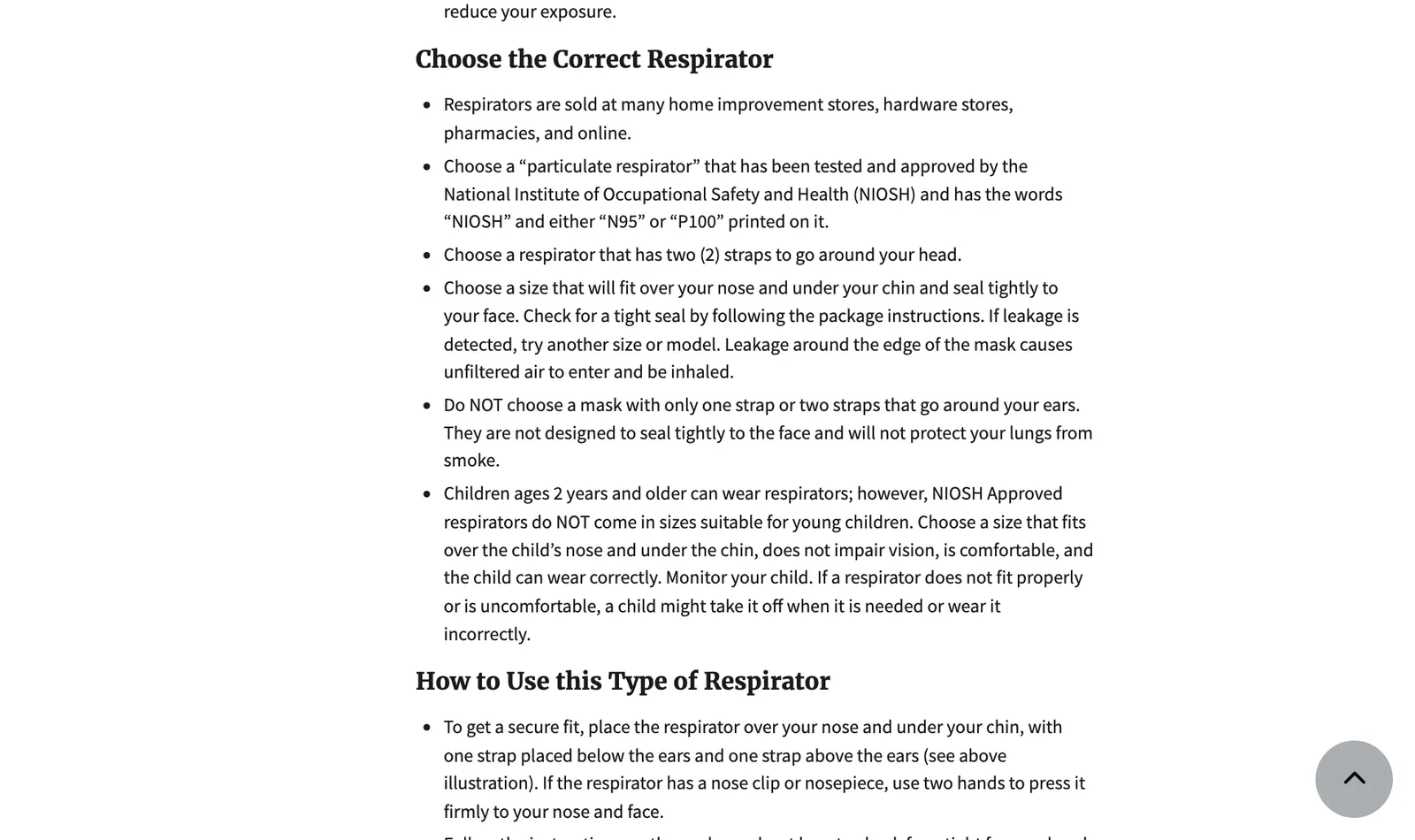 US EPA web page with a bullet list on choosing a respirator, including the straps and the mark to look for.