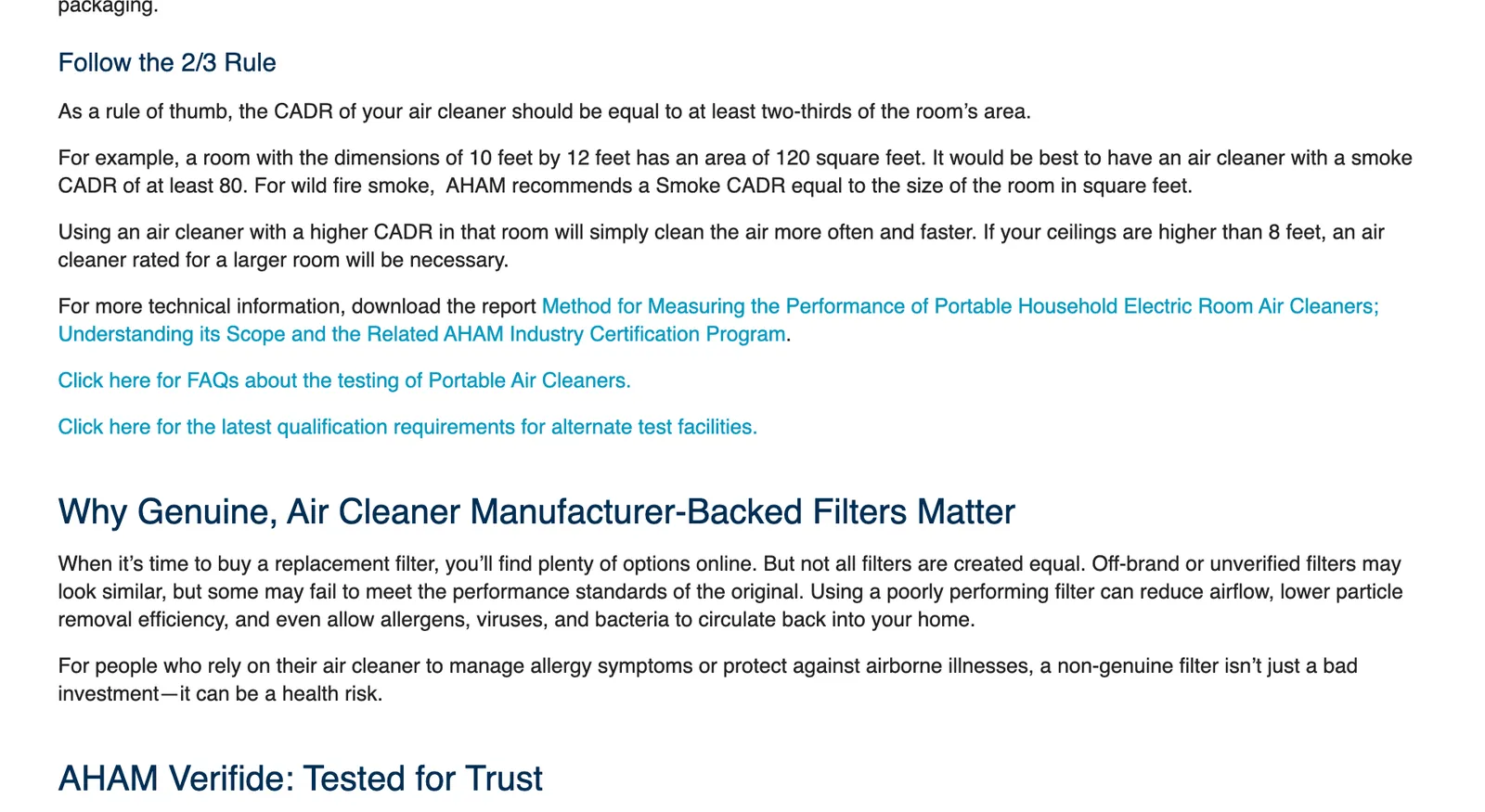 AHAM Verifide web page on air filtration standards with text under a heading about the two-thirds rule.