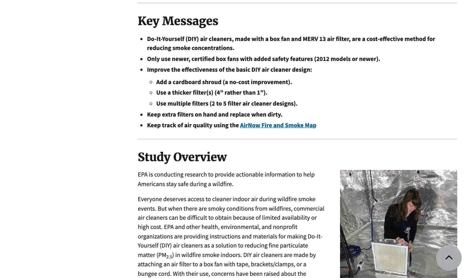 US EPA research page with a bulleted list of key messages about box fan air cleaners and a photo of a person building one.