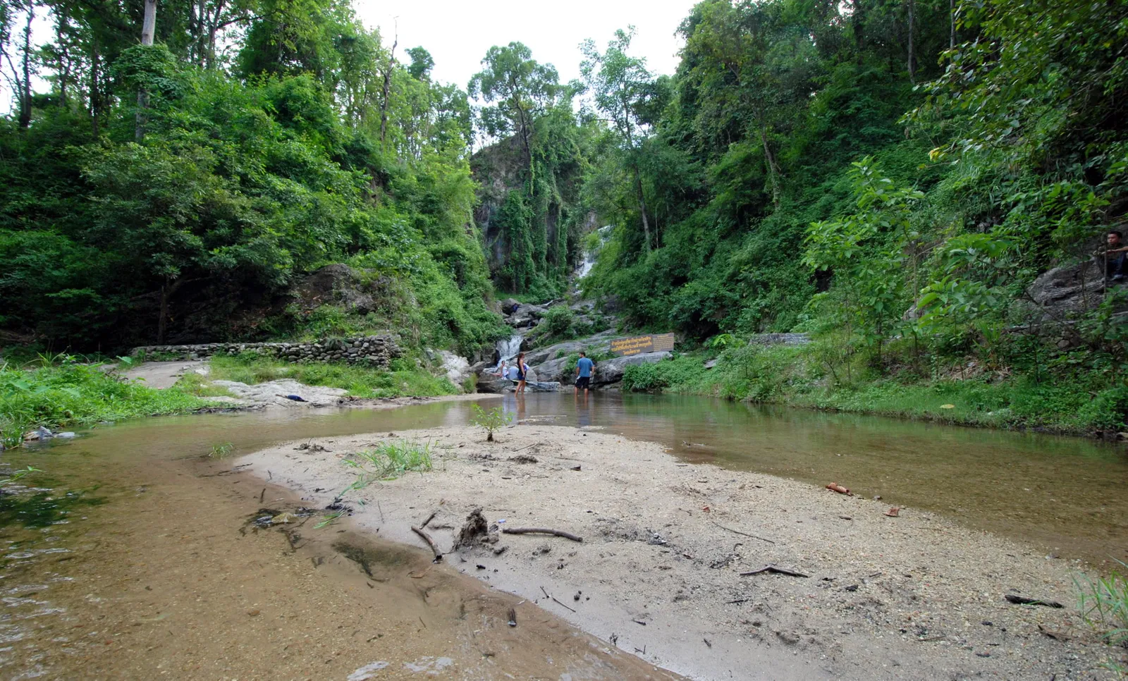 Muddy stream with a sandy bank between steep forested banks and a waterfall in the distance.