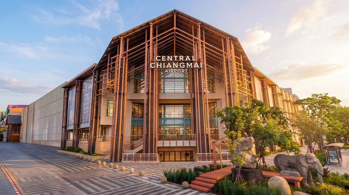 Wooden-framed shopping centre entrance with a large central sign, trees and stone paving in front.
