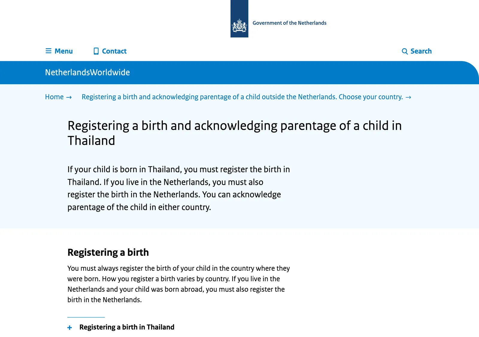 Dutch government page titled Registering a birth and acknowledging parentage of a child in Thailand, with its opening paragraph.