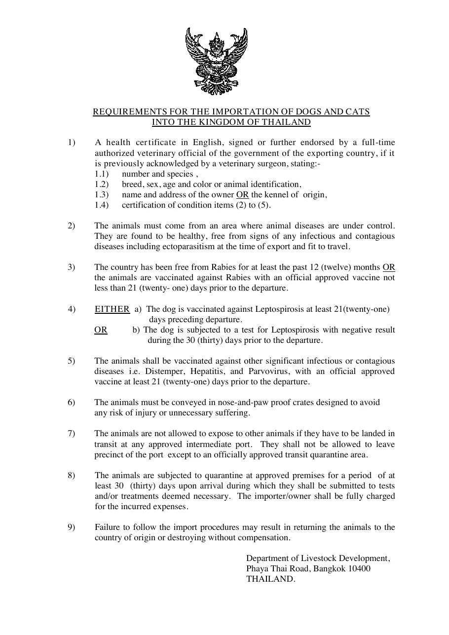 Livestock department sheet titled Requirements for the Importation of Dogs and Cats into the Kingdom of Thailand, with a numbered list of conditions.
