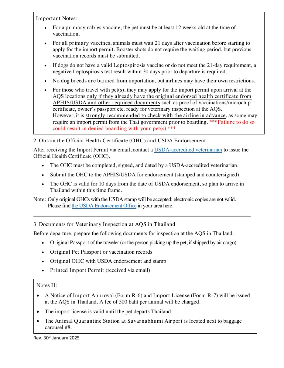 Second page of the embassy sheet with the notes on vaccines, the health certificate step and the documents for inspection at the airport quarantine station.