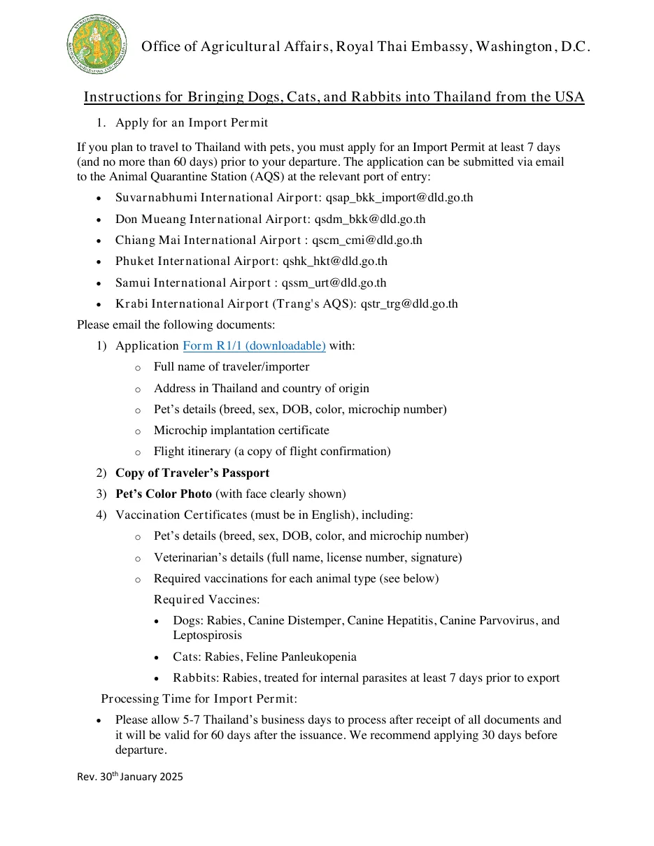First page of a Thai embassy instruction sheet for bringing dogs, cats and rabbits into Thailand, with the import permit steps and a list of airport quarantine station email addresses.