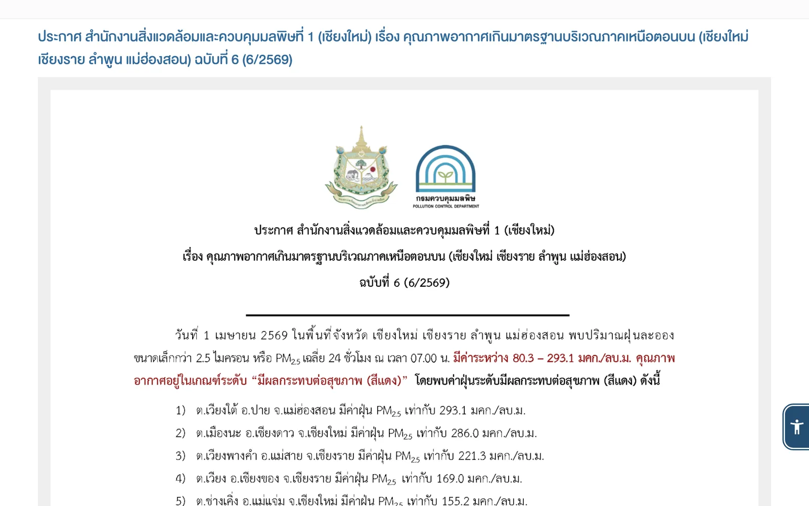 Thai government announcement page with the Pollution Control Department emblem and a numbered list of red-level PM2.5 readings by sub-district.