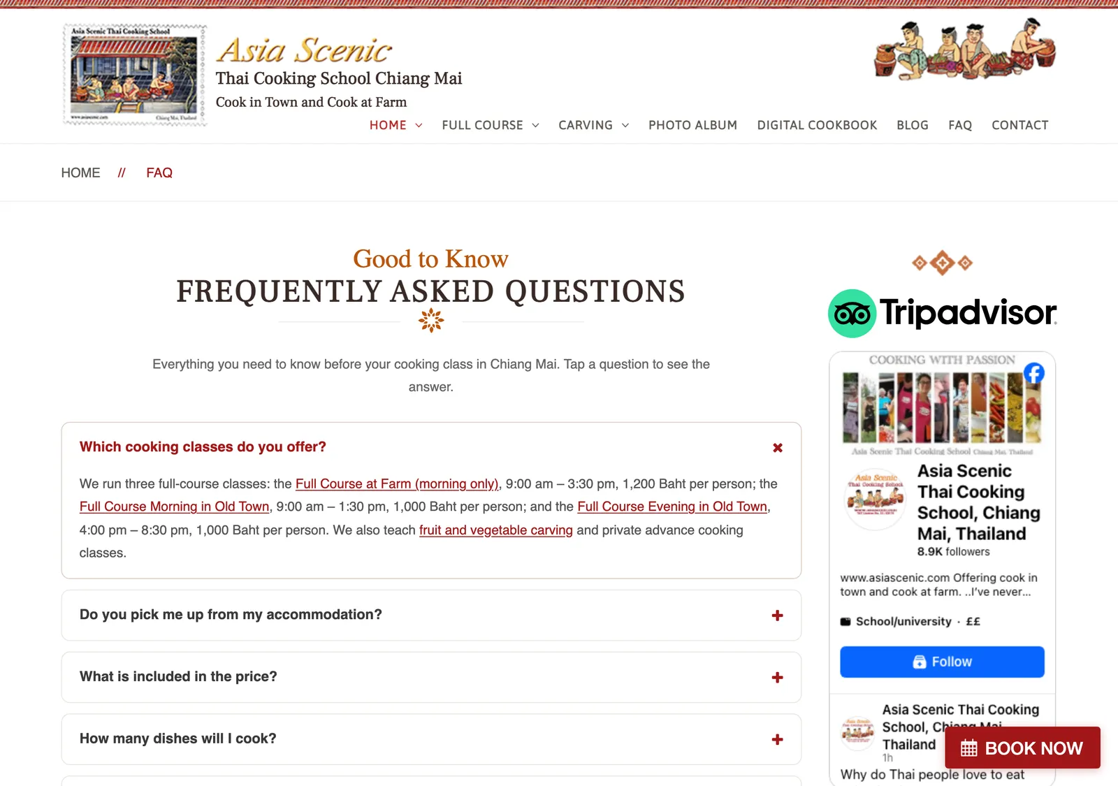Asia Scenic FAQ page with a list of expandable questions about classes, pick-up and what is included.