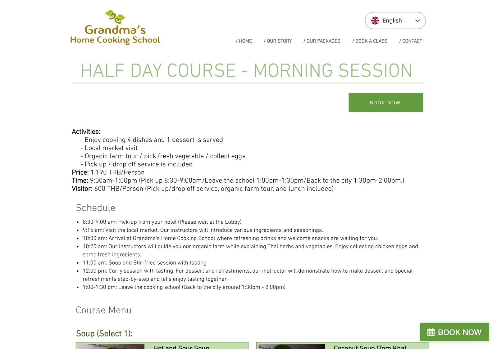 Grandma's Home Cooking School page for the half day morning course, listing activities, schedule and menu.