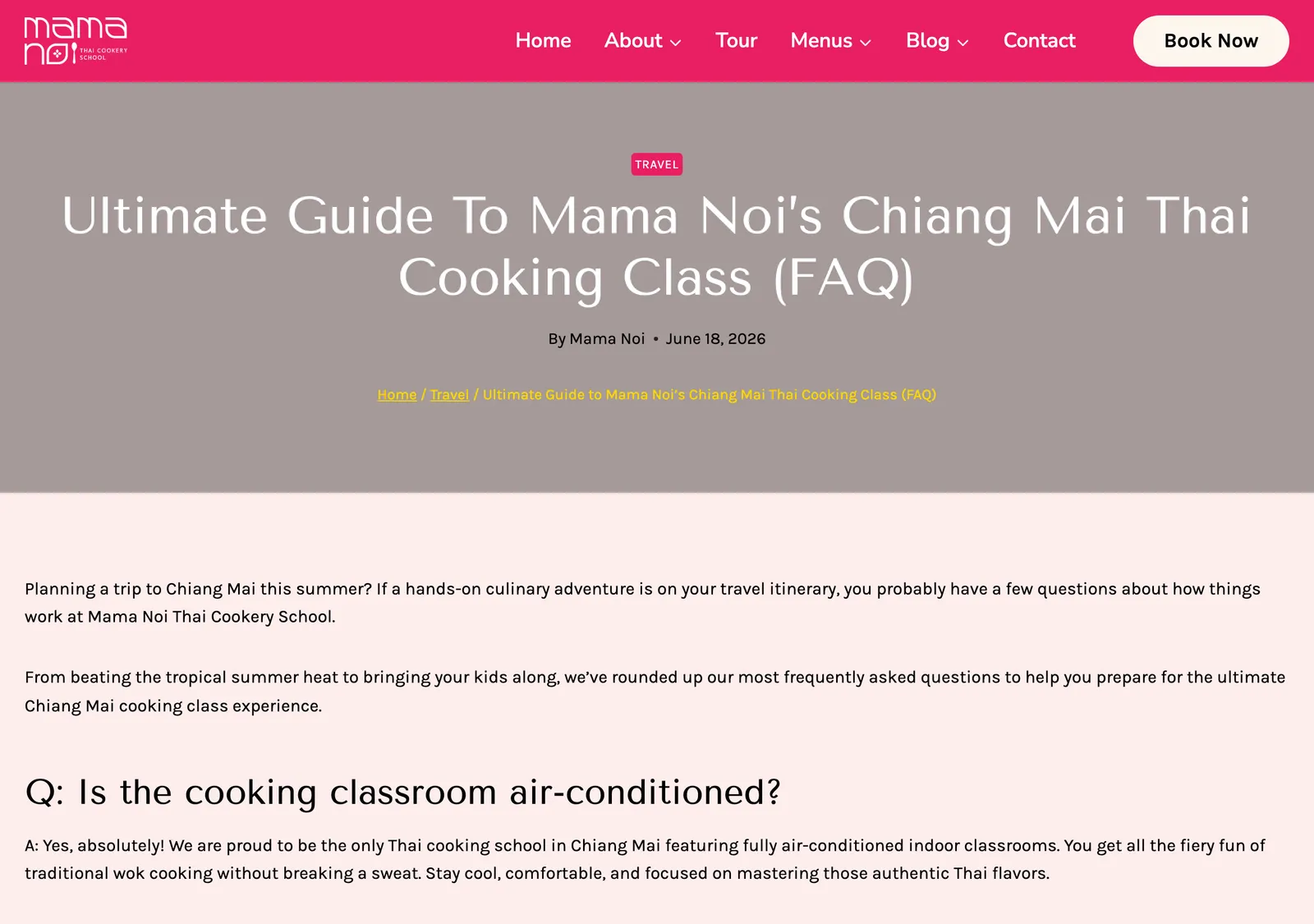 Mama Noi FAQ page with the heading Ultimate Guide to Mama Noi's Chiang Mai Thai Cooking Class and a question about air-conditioning.