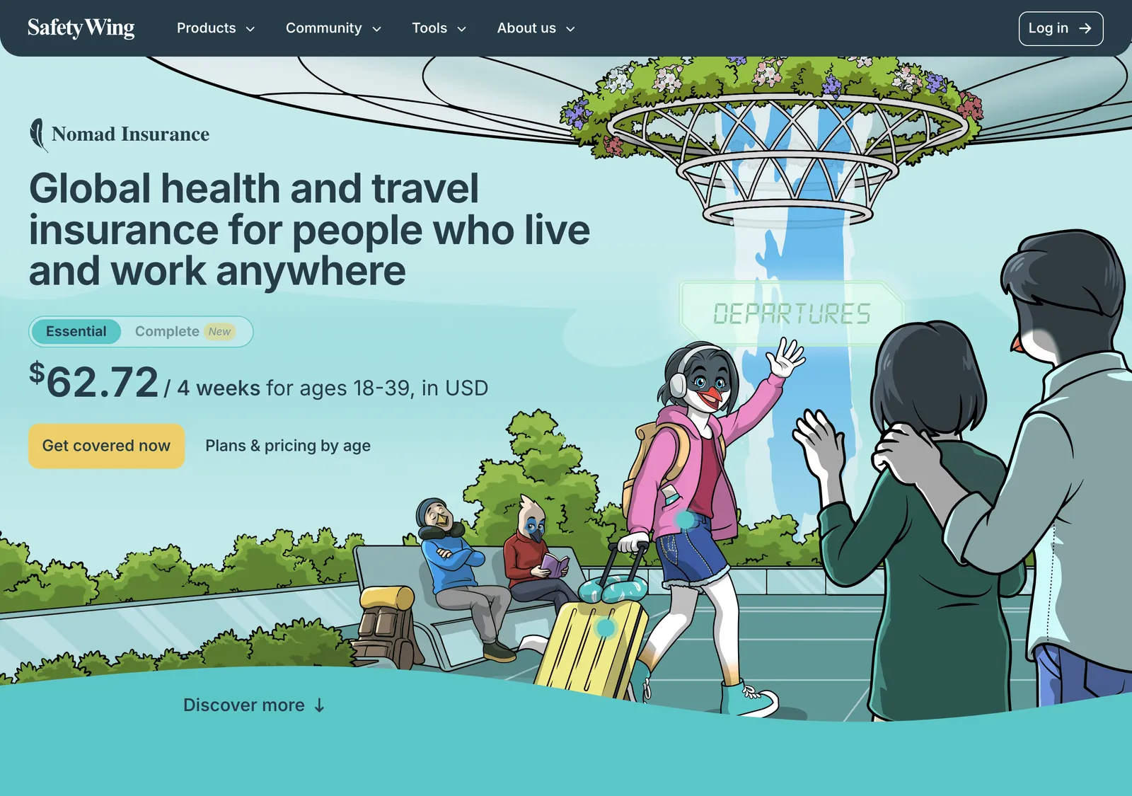 Insurance web page with an illustrated airport scene, plan tabs and a price per four weeks.