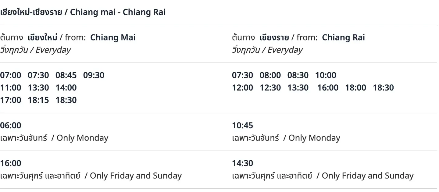 Greenbus timetable listing departures from Chiang Mai and from Chiang Rai, with extra rows for set weekdays
