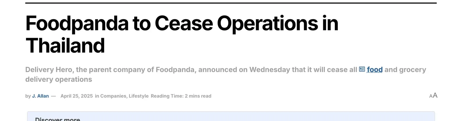 News headline reading Foodpanda to Cease Operations in Thailand with a grey summary line below