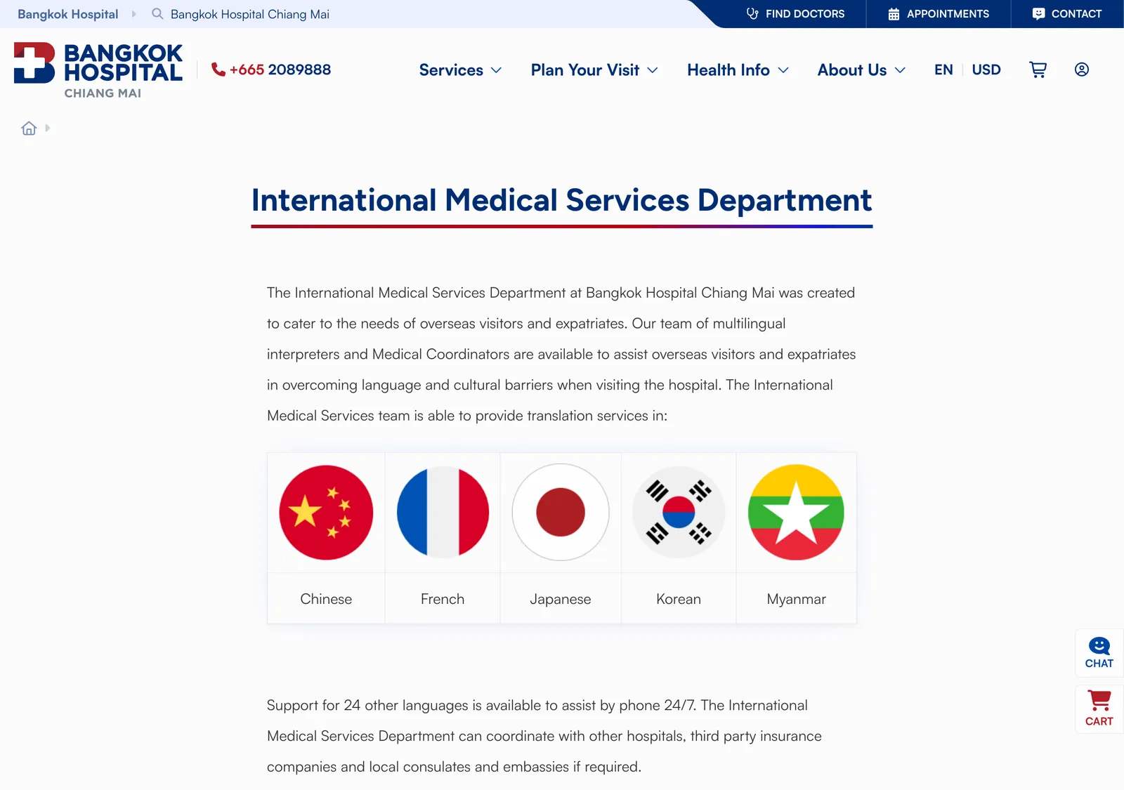 Bangkok Hospital Chiang Mai web page headed International Medical Services Department with five round flag icons.