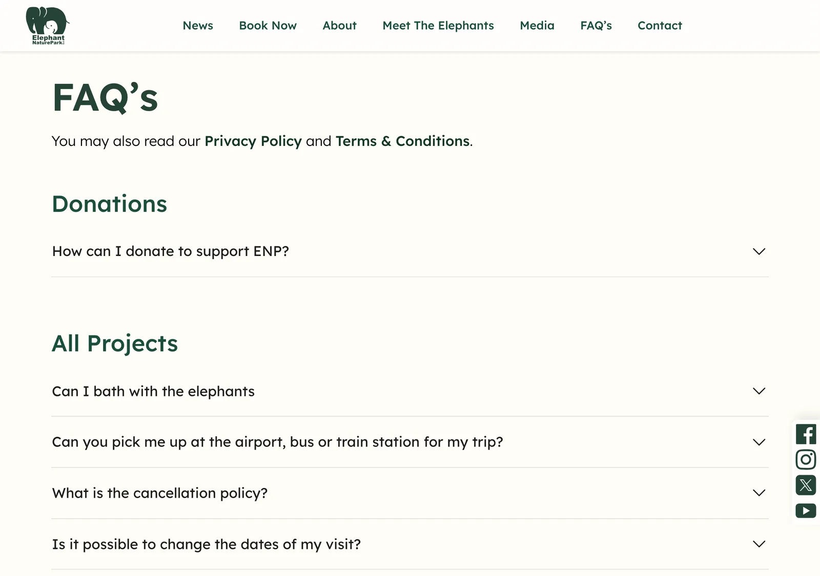 Elephant Nature Park FAQ page listing questions on bathing, airport pick-up, cancellation and changing dates.