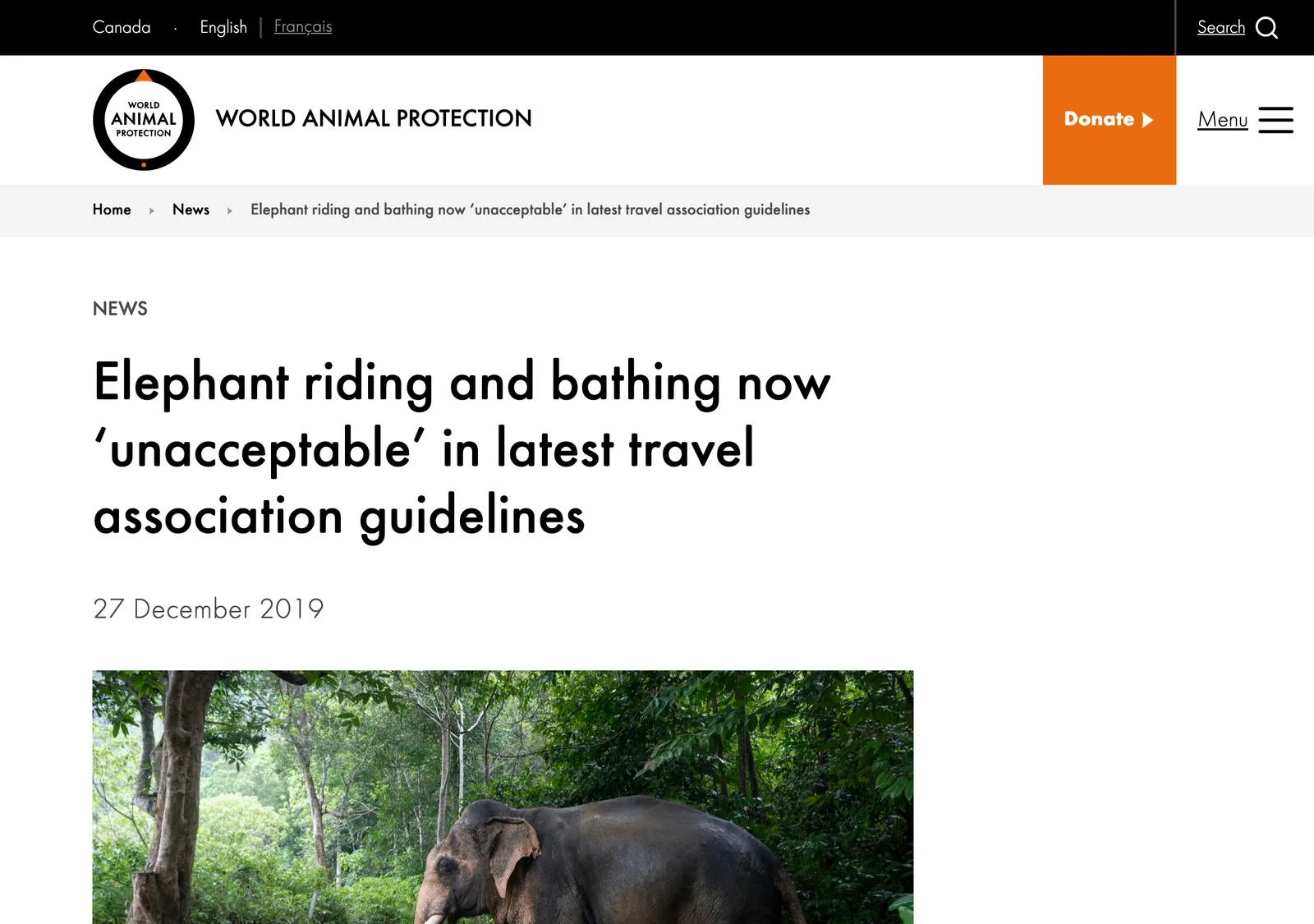 World Animal Protection news page with a headline about elephant riding and bathing becoming unacceptable, and an elephant photo below.