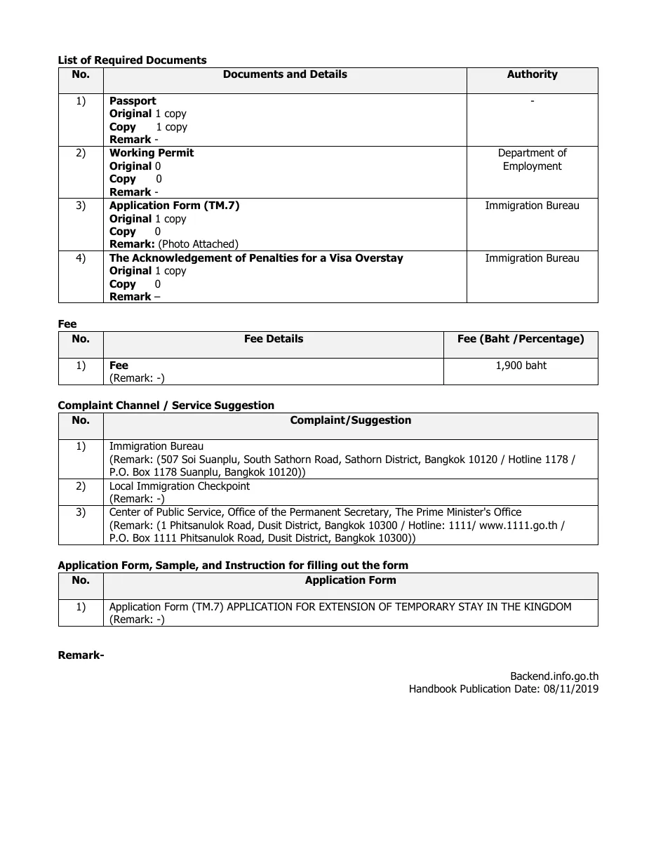 Printed handbook page with tables for the list of documents, the fee and the application form.
