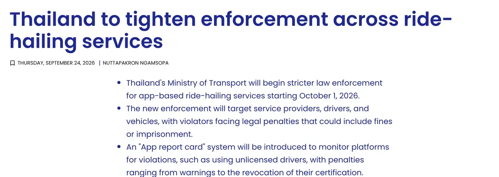 News headline about stricter ride-hailing enforcement above three summary bullets on a white page