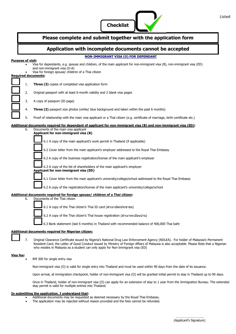 Checklist page of the Royal Thai Embassy for a Non-Immigrant dependant visa, with tick boxes and a list of documents.