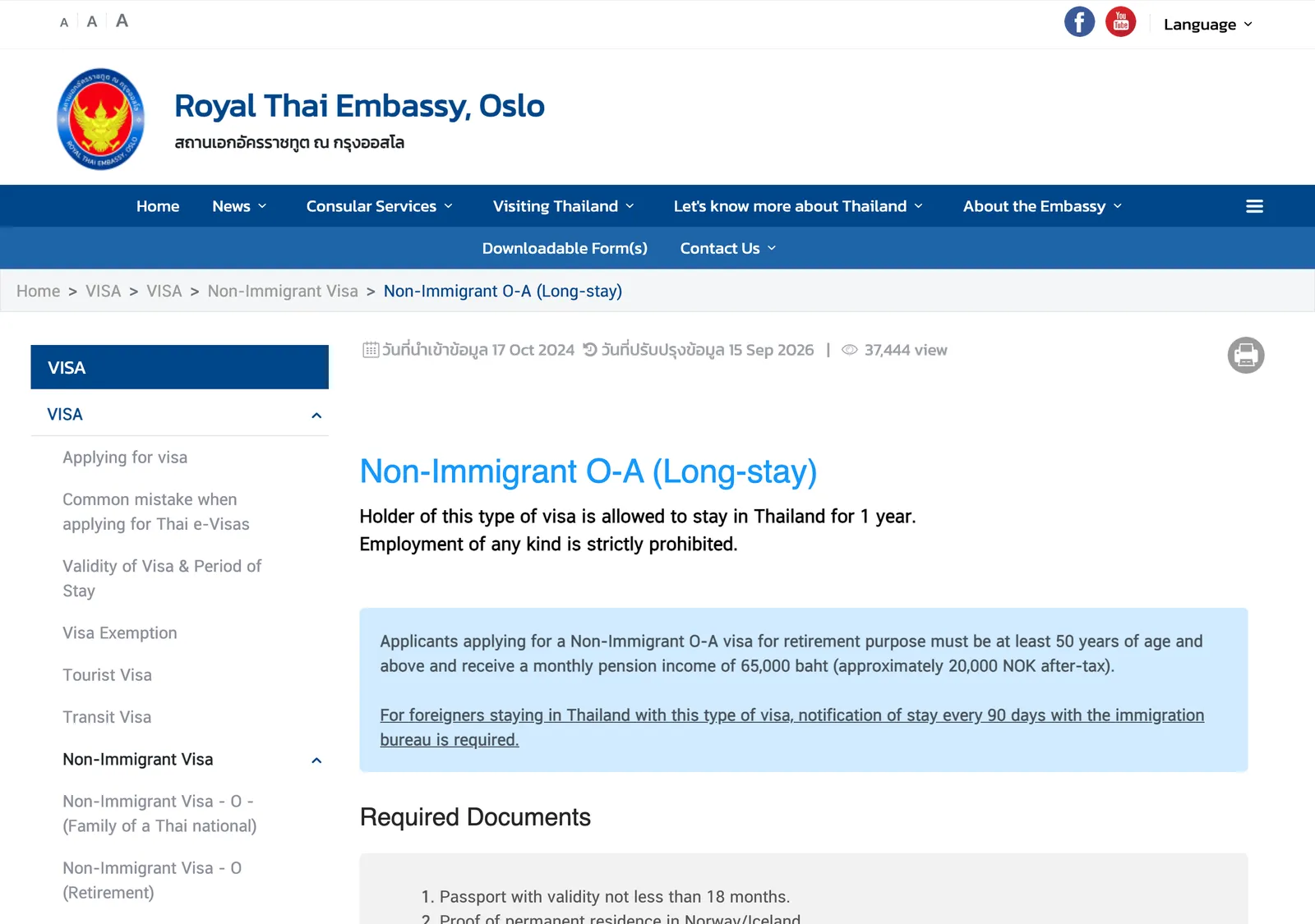 Royal Thai Embassy Oslo web page titled Non-Immigrant O-A (Long-stay) with a visa menu on the left.