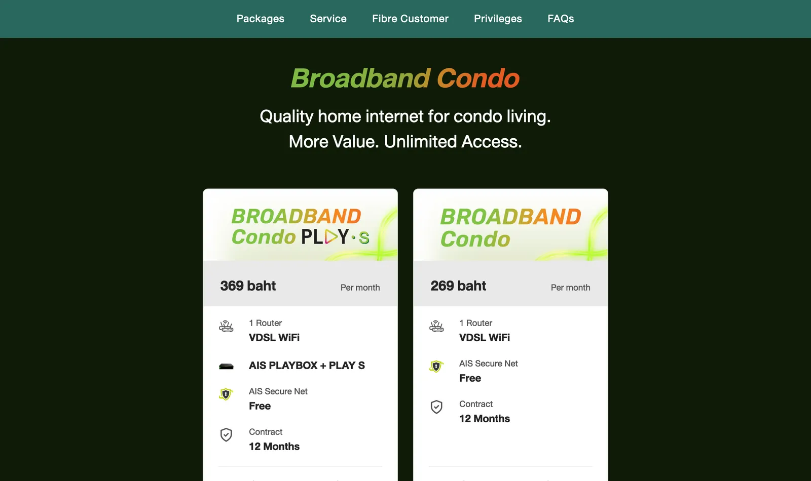 AIS Broadband Condo page with two plan cards listing a router, VDSL WiFi and the contract length.