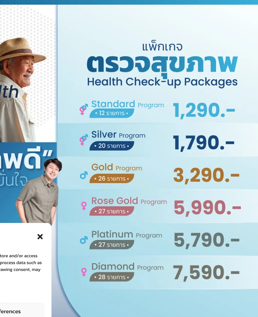Rajavej Chiang Mai Hospital health check-up poster listing six programs with a price beside each.