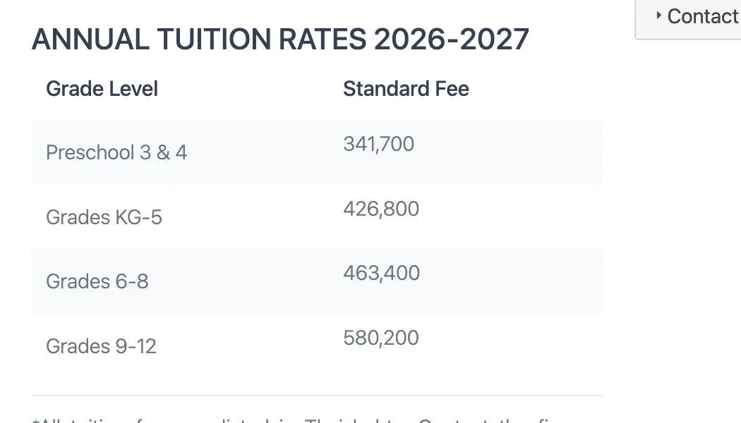 Table of annual tuition rates for four grade bands on the CMIS fees page