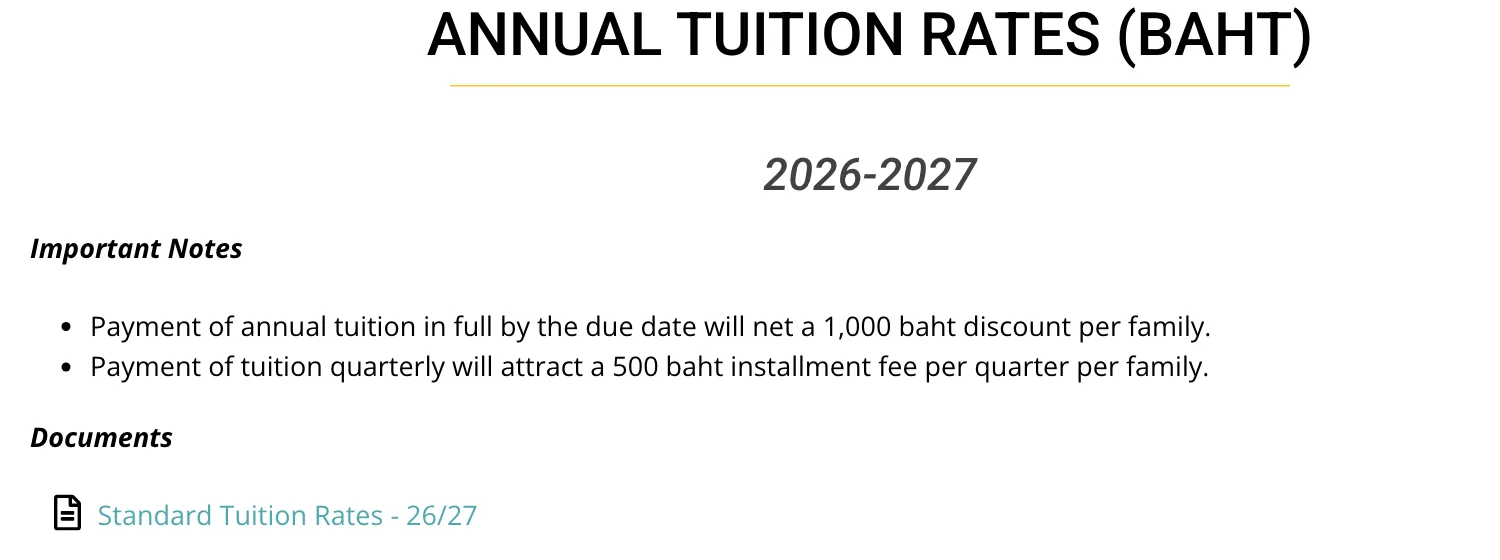 Heading for annual tuition rates with notes on payment discounts and links to fee documents