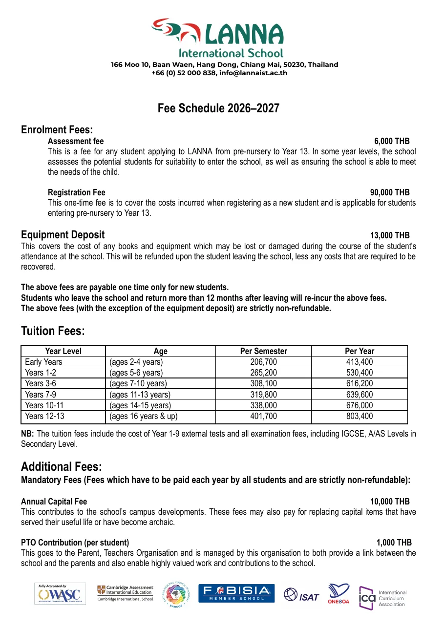 First page of the Lanna fee schedule with enrolment fees, a tuition table and yearly fees