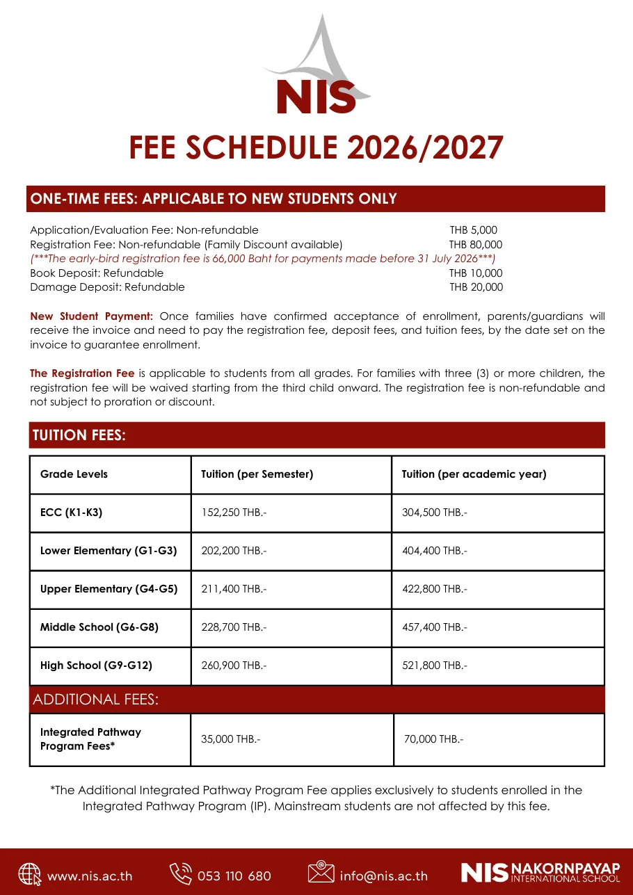 First page of the NIS fee schedule with one-time fees and a tuition table by grade level