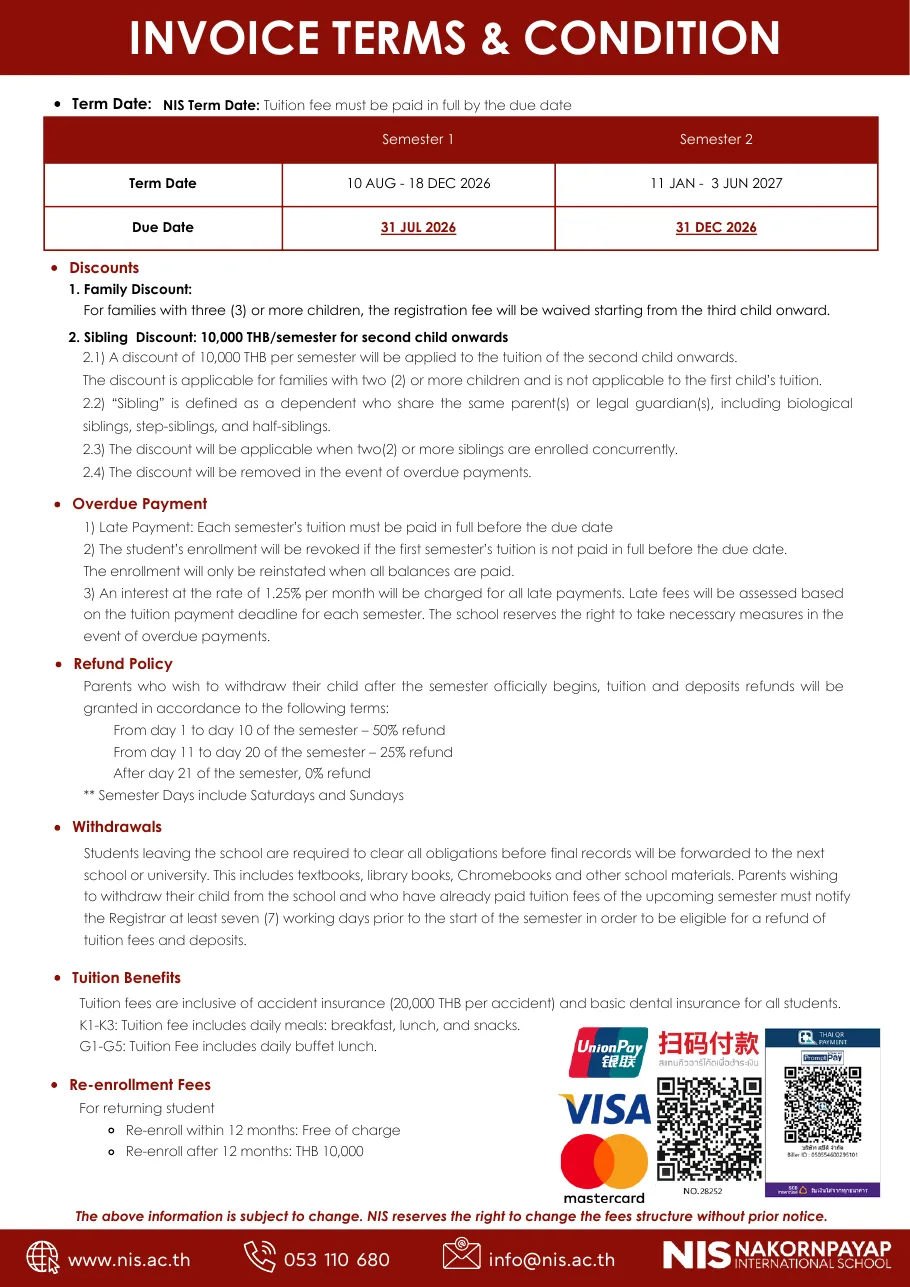 Second page of the NIS fee schedule with invoice terms, discounts and withdrawal terms