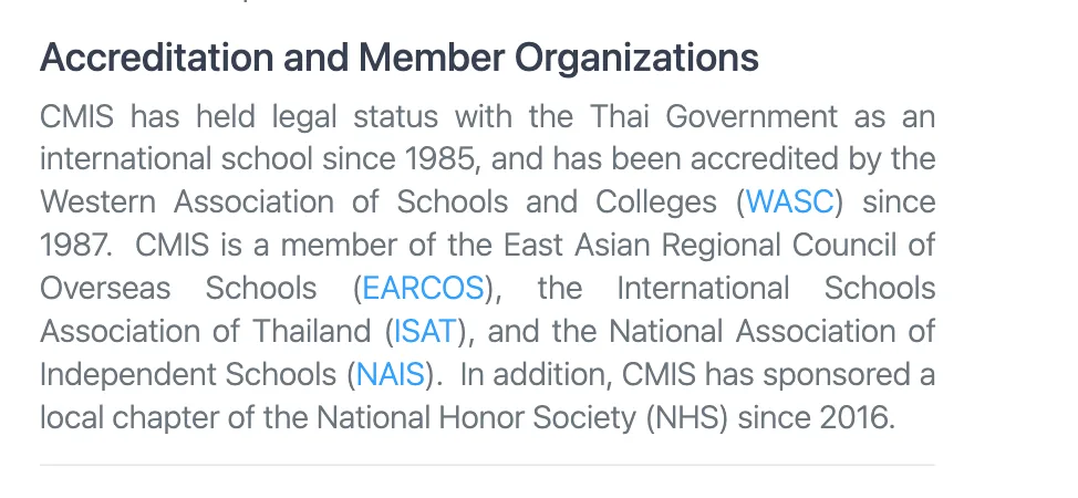 Text excerpt headed Accreditation and Member Organizations from the CMIS website