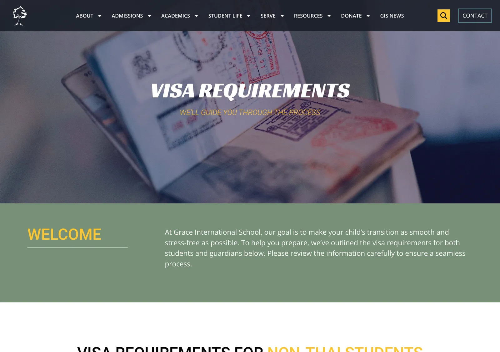 Visa Requirements page on the Grace website with a notice about student visa categories