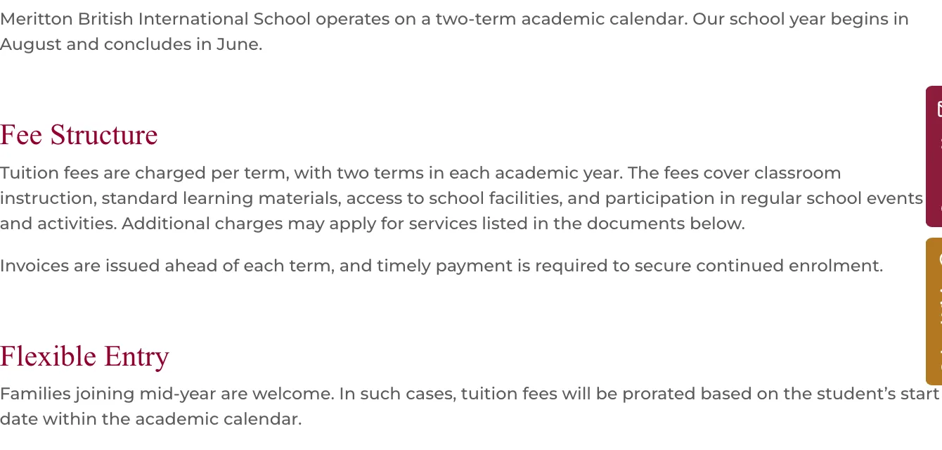 Meritton tuition page text under the headings Fee Structure and Flexible Entry