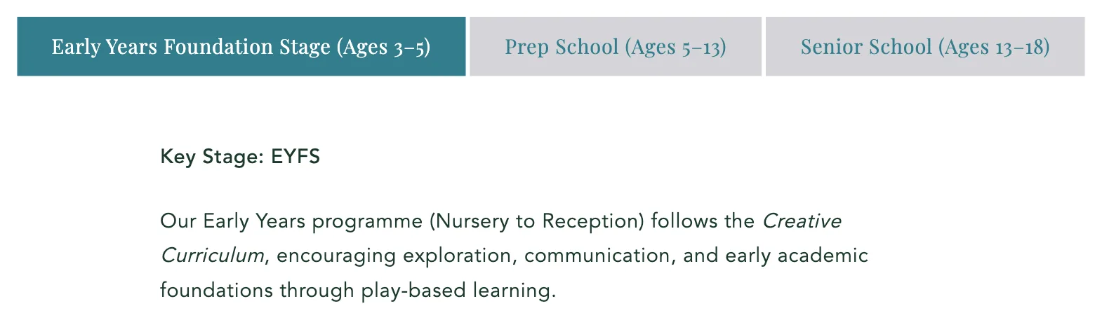 Admissions page tabs for Early Years, Prep and Senior School with text under the first tab