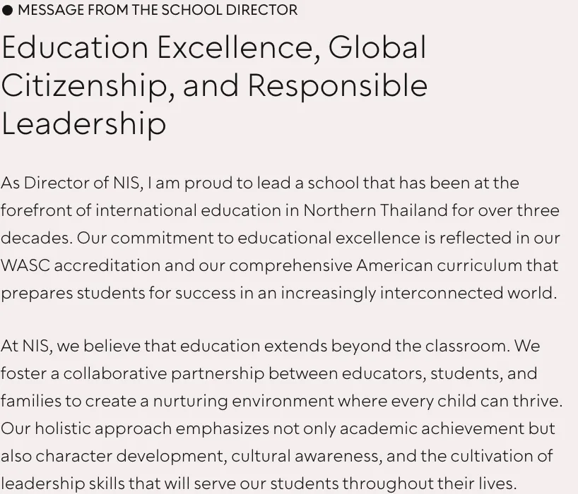 Message from the school director on the NIS website with two paragraphs and a signature