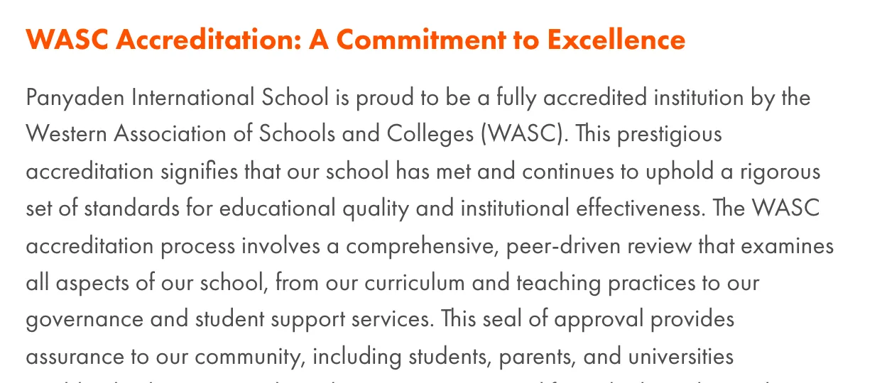 WASC Accreditation heading and the start of a paragraph on the Panyaden website