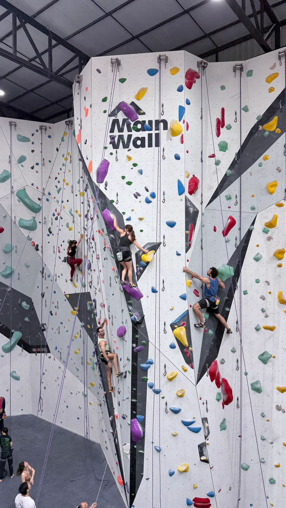 Climbers on a tall white wall with colourful holds and angular volumes.