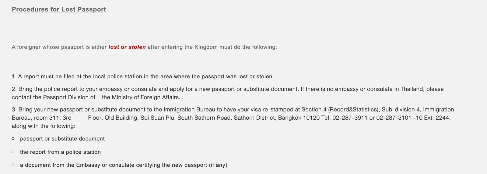 Web page section headed Procedures for Lost Passport, with three numbered steps and a list of papers.