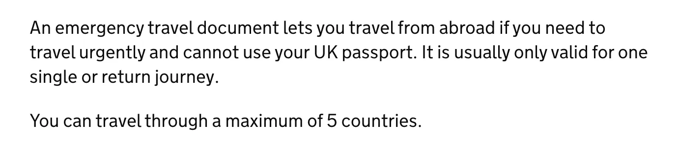 GOV.UK text explaining that an emergency travel document lets a person travel from abroad without a passport, and for how many journeys it is valid.