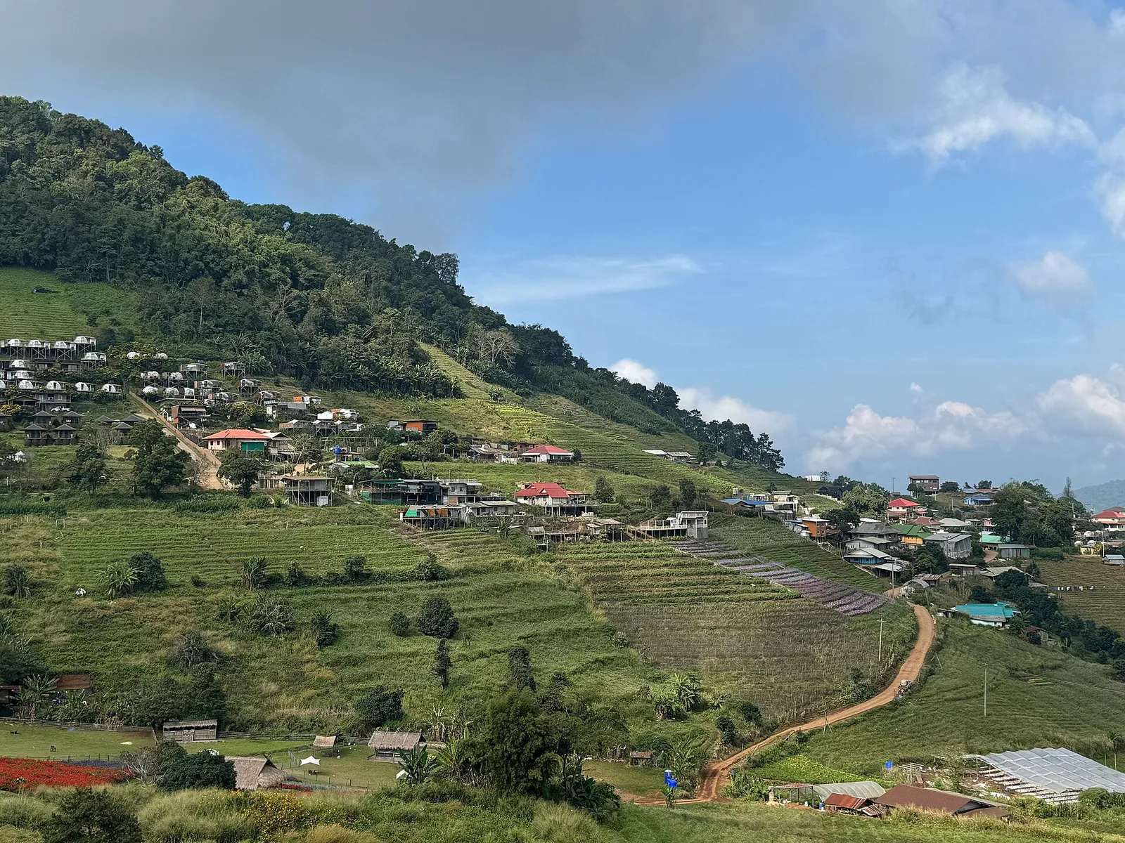 Terraced green hillside with houses and cabins under a blue sky with clouds