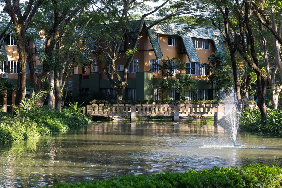 Steep-roofed school building behind a pond with a small fountain and trees around it