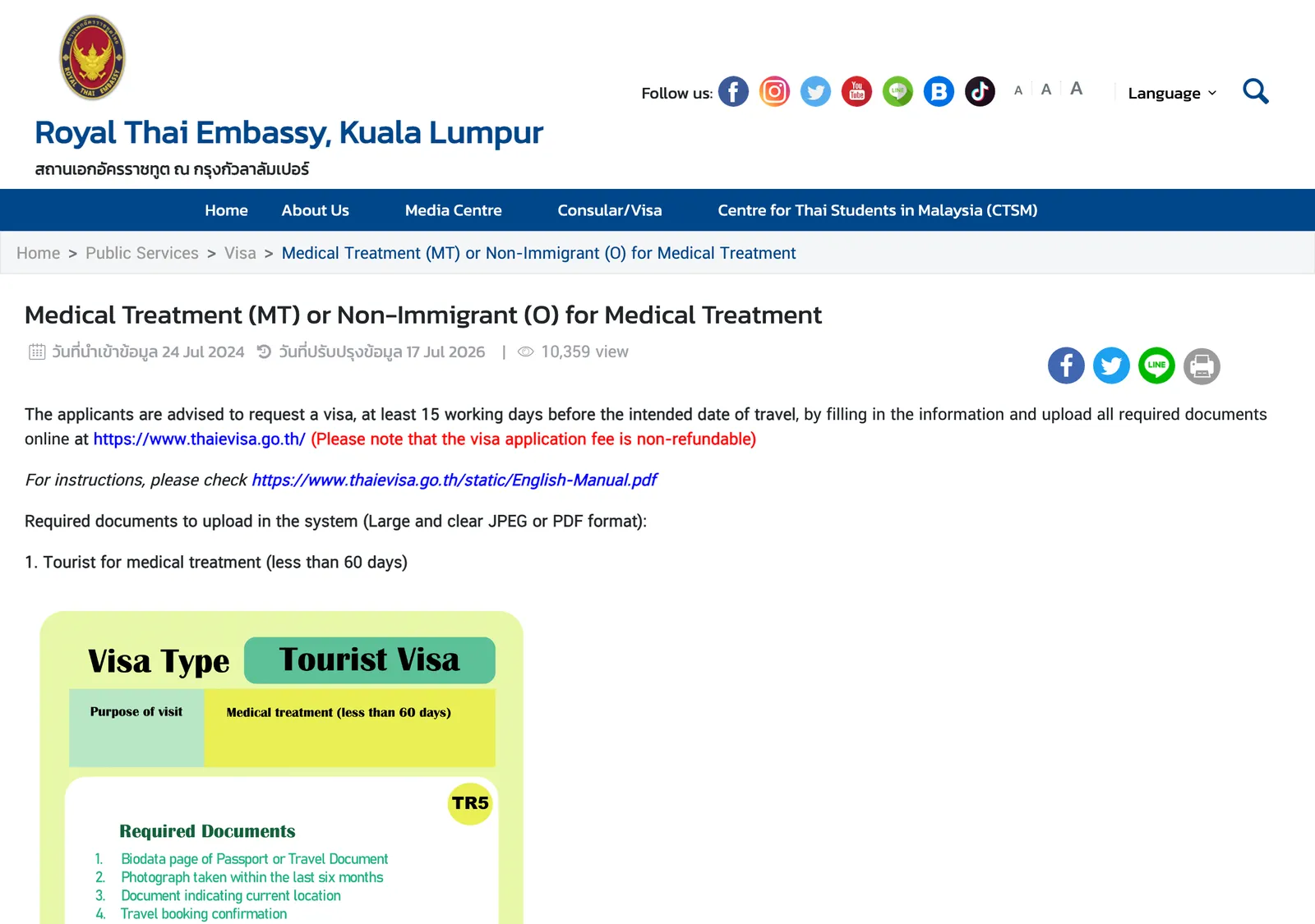 Royal Thai Embassy Kuala Lumpur page on medical treatment visas with a green panel headed Tourist Visa.