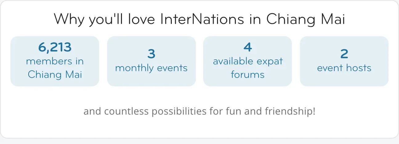 InterNations Chiang Mai page with boxes of statistics on members, monthly events, forums and event hosts
