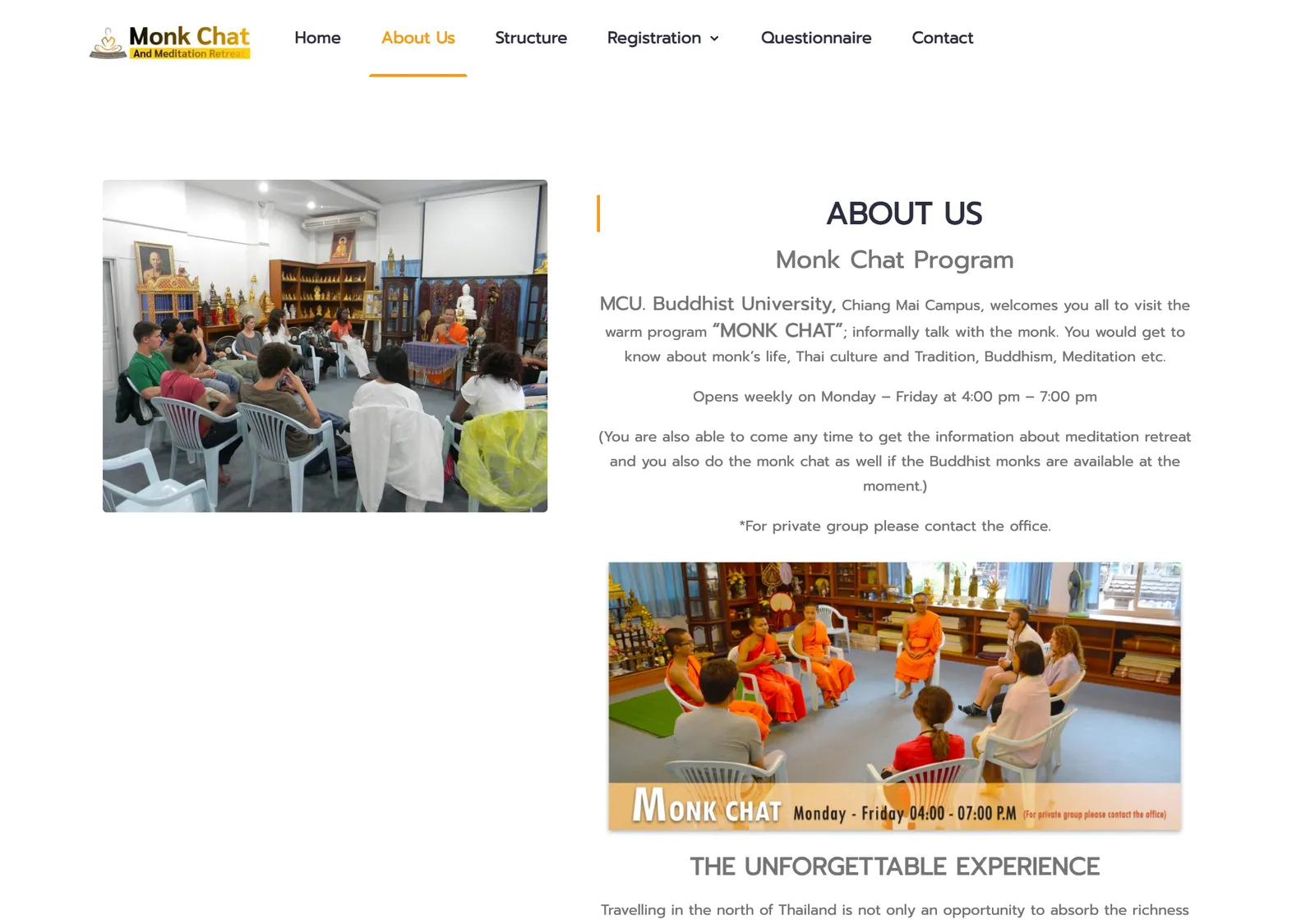 Monk Chat program page with a photo of monks talking with visitors and a note on weekly opening hours