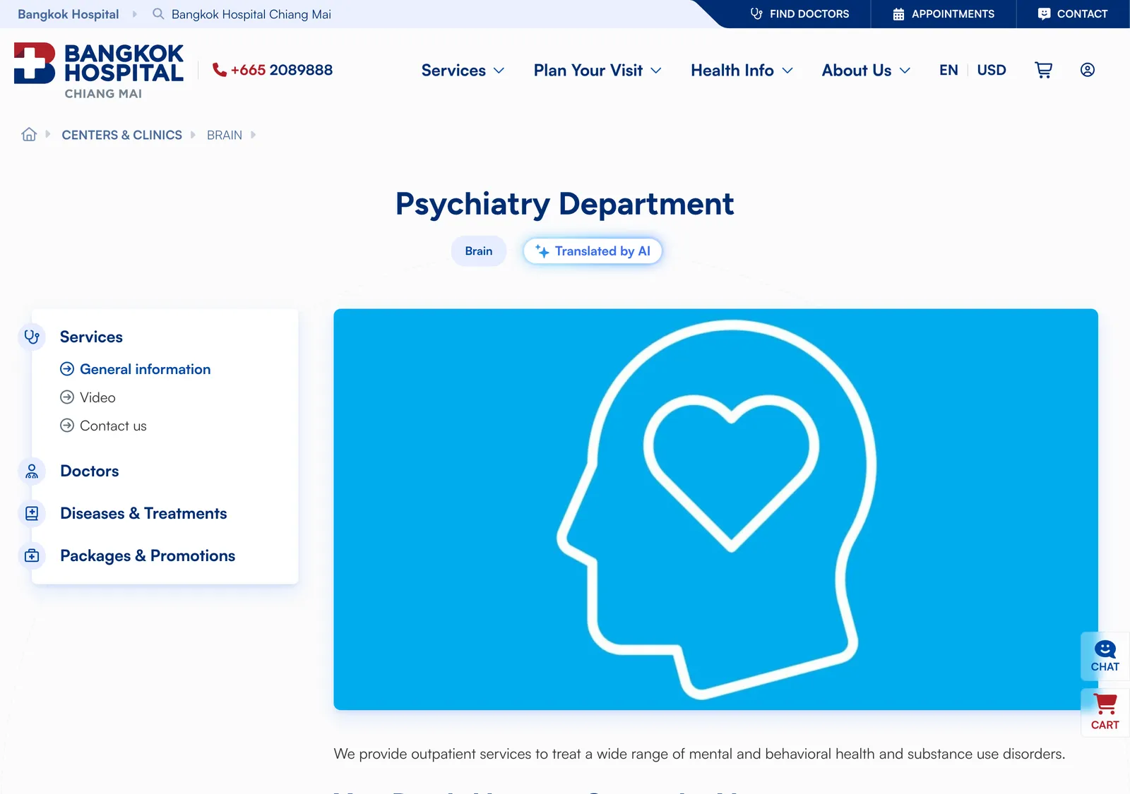 Bangkok Hospital Chiang Mai Psychiatry Department page with a heart-in-head icon and a services menu on the left.