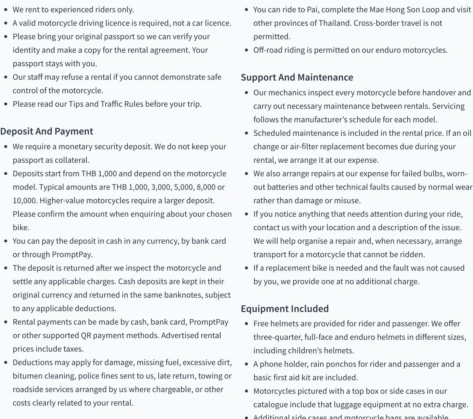 Rental terms page of a Chiang Mai motorbike shop with requirements and deposit sections