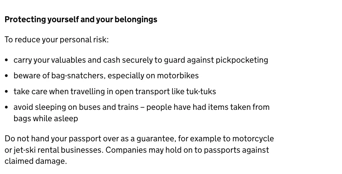 UK government travel advice section on protecting yourself and your belongings