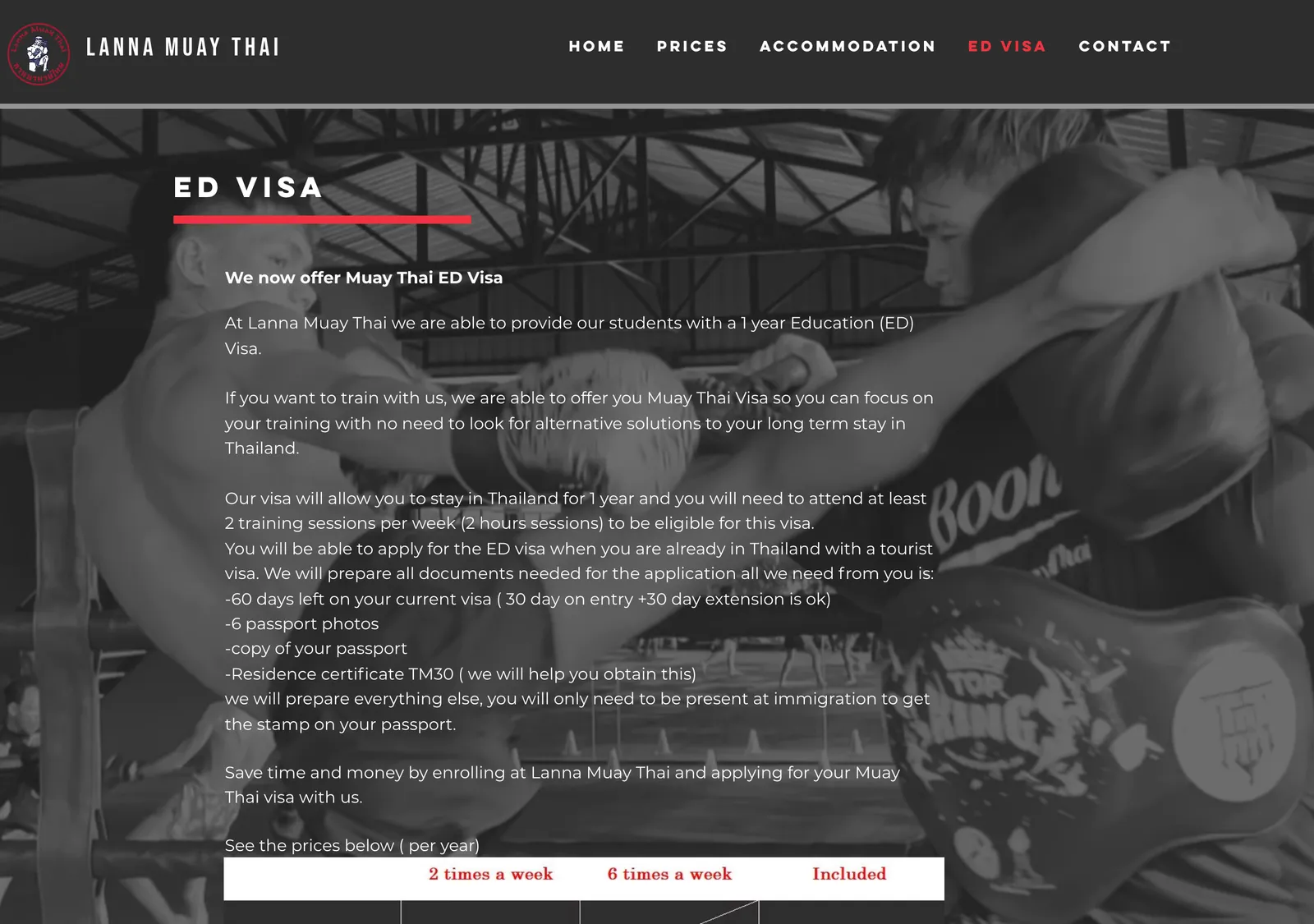 Web page headed ED visa over a dark photo of a kick, with text about papers and a price table heading.